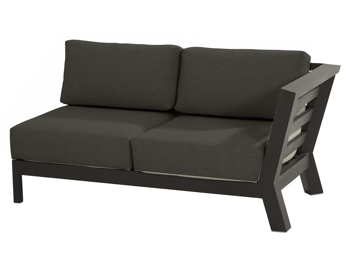 4 Seasons Outdoors Meteoro Patio Filler - Corner Furniture Set with Arm Cushions and High Coffee Table, Rug, Large Parasol and Base - Mill Race Garden Centre