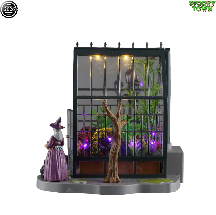 Lemax Spooky Town Agatha's Greenhouse tabletop accent with detailed spooky greenhouse and figure display in a miniature scene.