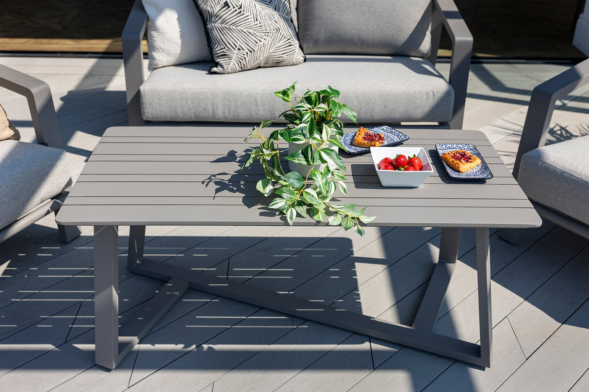 Hartman Alora 2-seat lounge set in taupe with metal frame, featuring plush cushions for outdoor relaxation.