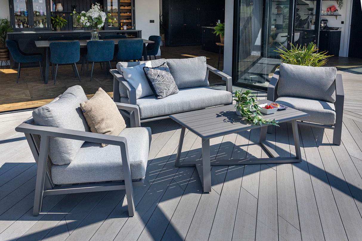 Hartman Alora 2-seat lounge set in taupe with metal frame, featuring comfortable cushions for outdoor relaxation.