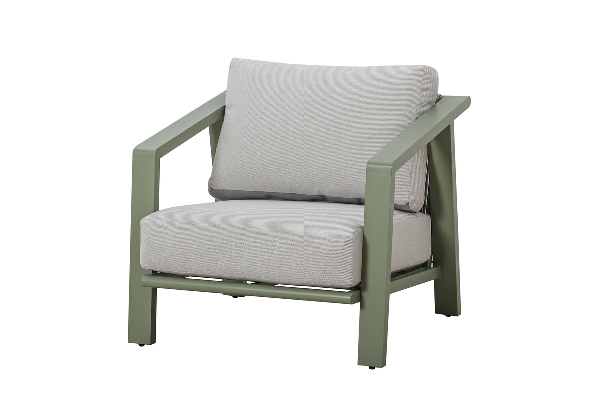 Hartman Alora companion set with footstools in sage aluminium rope, featuring lounge chairs and a bistro-style garden furniture arrangement.