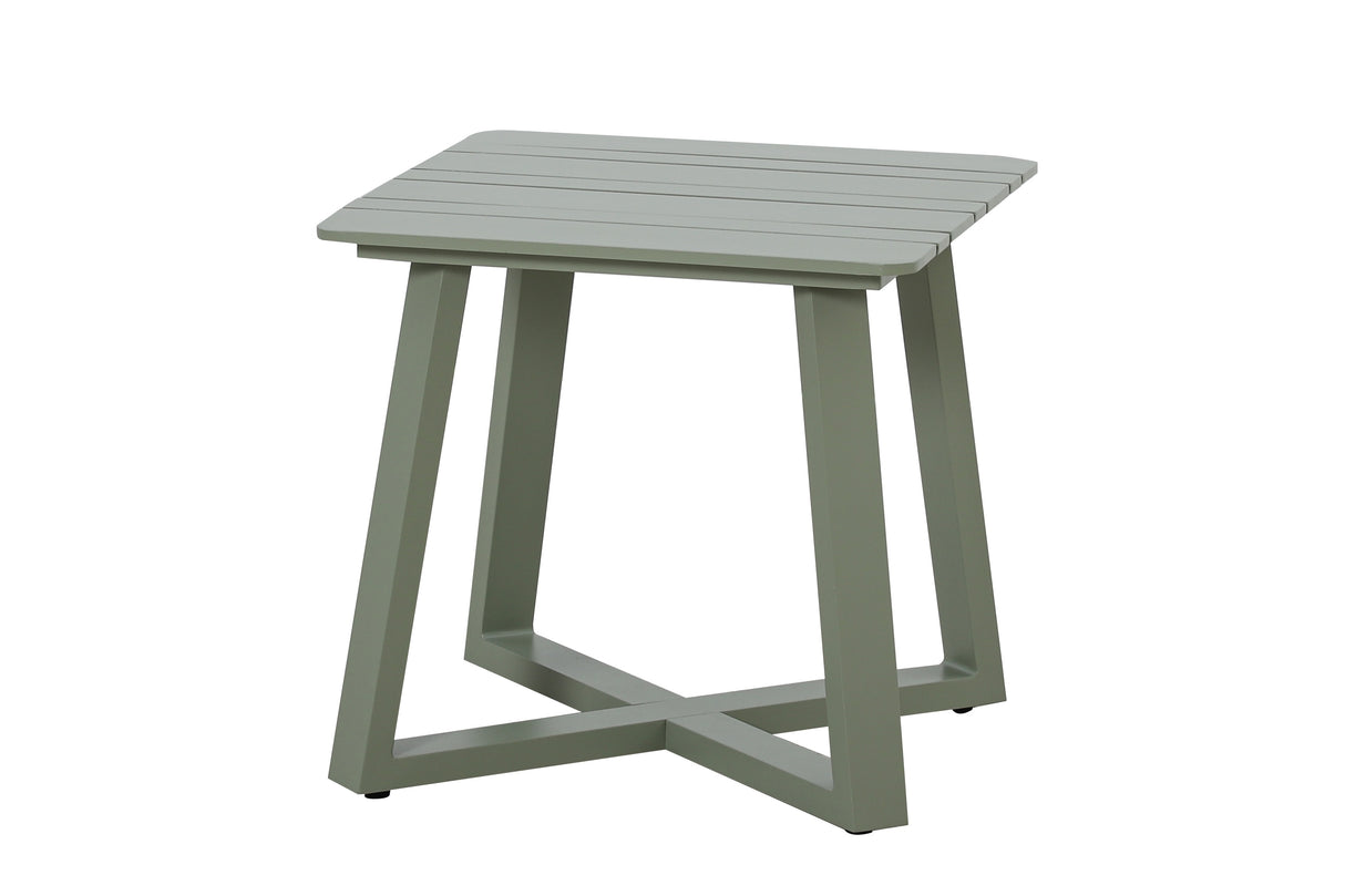 Hartman Alora companion set with sage aluminum rope bistro furniture, includes side table and footstools in garden setting