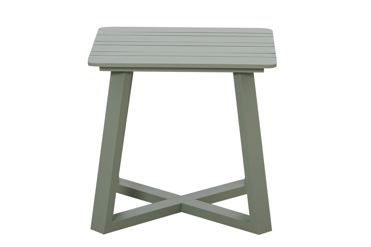 Hartman Alora companion set with sage metal bistro chairs and footstools, featuring aluminium rope design for garden furniture.