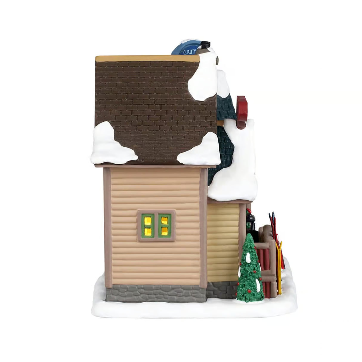 Lemax illuminated building featuring Bighorn Peak Mountain Sports snow gear store in a festive Christmas village scene.