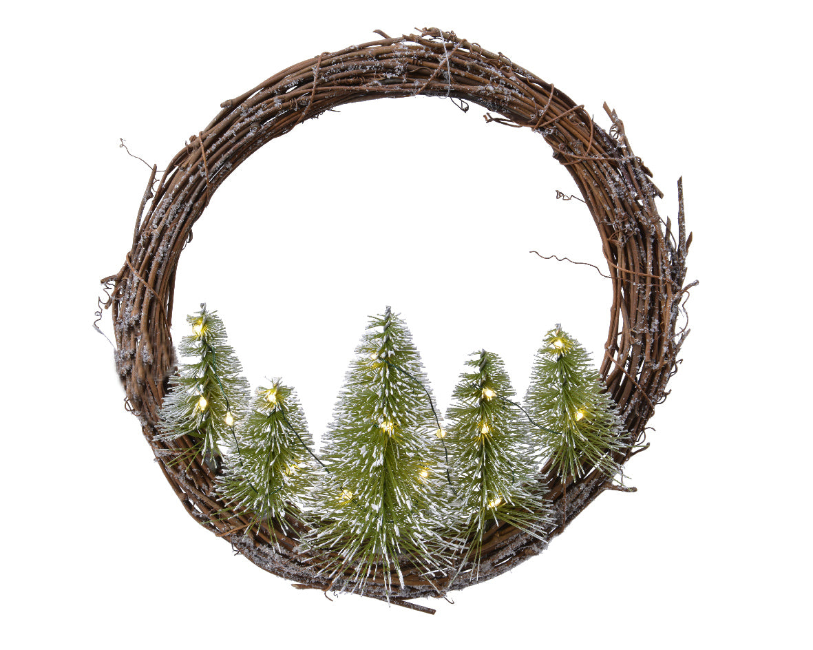 24cm Brown Snowy Wreath with Prelit Trees by Kaemingk - Mill Race Garden Centre