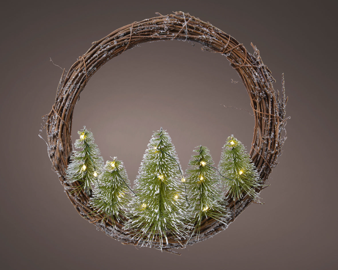 24cm Brown Snowy Wreath with Prelit Trees by Kaemingk - Mill Race Garden Centre