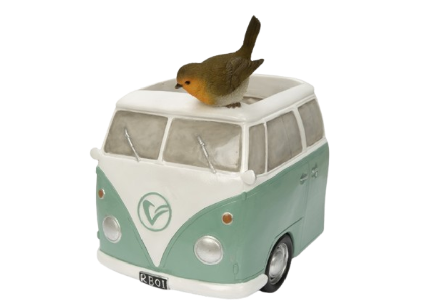 Green camper van-shaped planter featuring a robin ornament, part of Vivid Arts' animal ornaments collection.