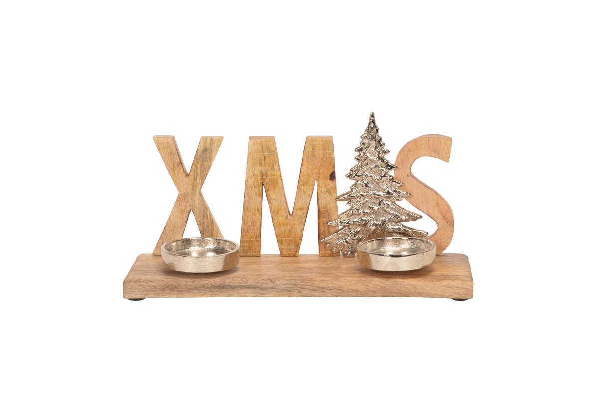 Wooden Candle Holder with XMAS Lettering - Mill Race Garden Centre