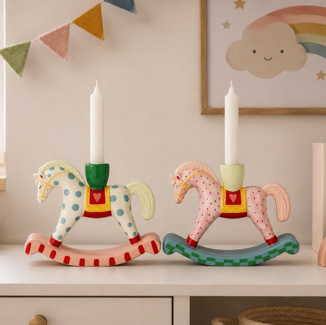 House of Seasons Rocking Horse Candle Holder Pink & White – Assorted Design