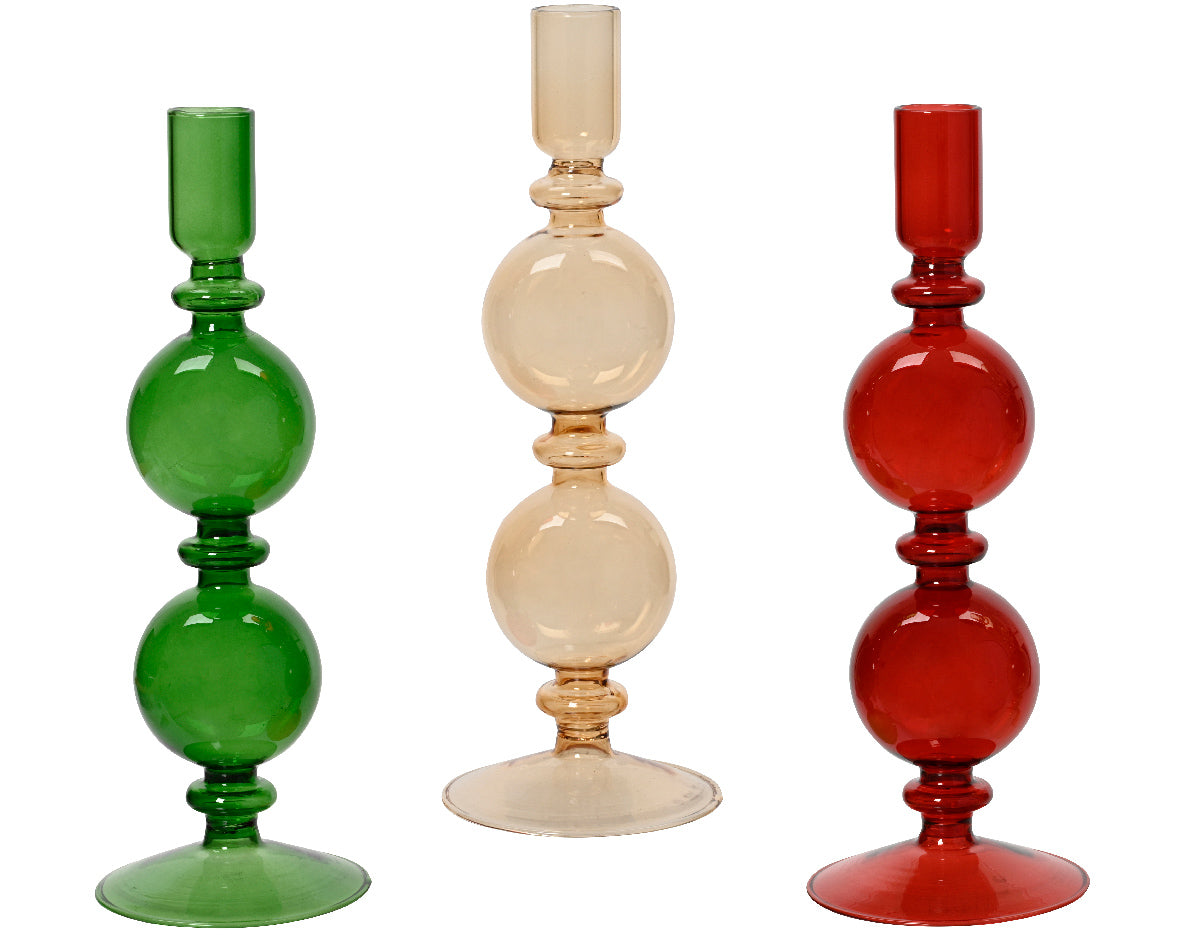 24.5cm Glass Candleholder with 2 Baubles - Assorted Designs by Kaemingk - Mill Race Garden Centre