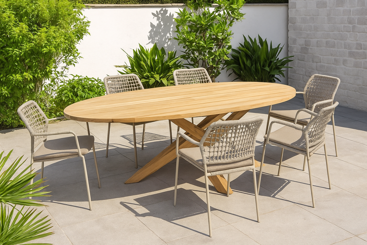 4 Seasons Outdoor Barista 6 Seat Dining Set wit 240cm Ellipse Teak Table - Mill Race Garden Centre