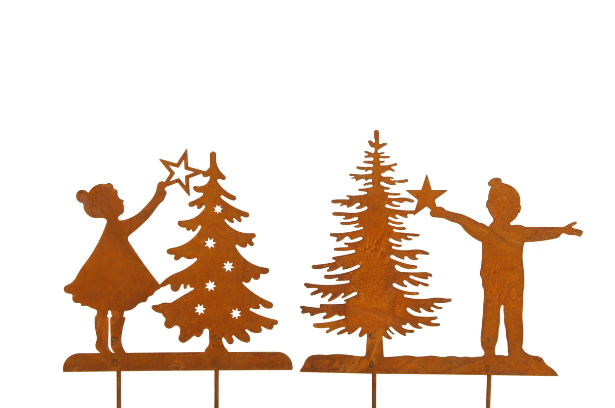 30cm Rusty Effect Child with Christmas Tree Stake Assorted - Mill Race Garden Centre