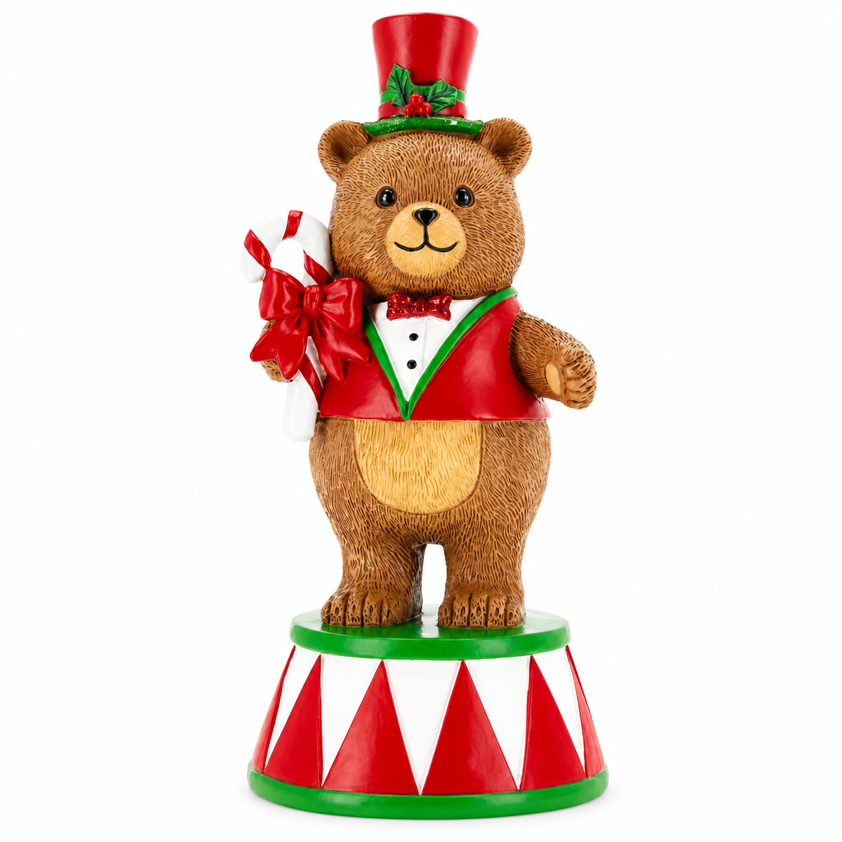 Christmas Circus Bear Resin Decoration (21 cm) – Whimsical Bear in Top Hat & Waistcoat with Candy Cane on Circus Drum Base
