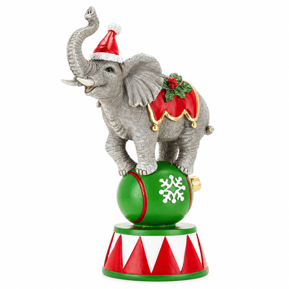 Christmas Circus Elephant Resin Decoration (24.7 cm) – Whimsical Elephant on Green Snowflake Bauble & Circus Pedestal Base