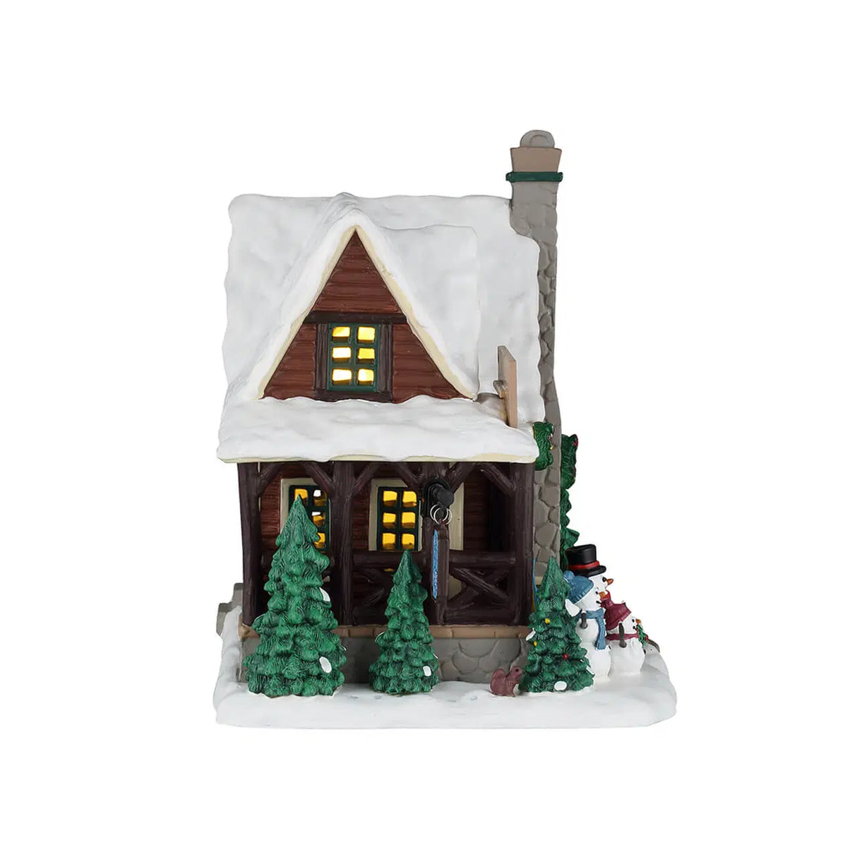 Lemax illuminated Cozy Forest Cabin from Christmas village display, featuring a cozy wooden cabin with festive lights and winter scenery