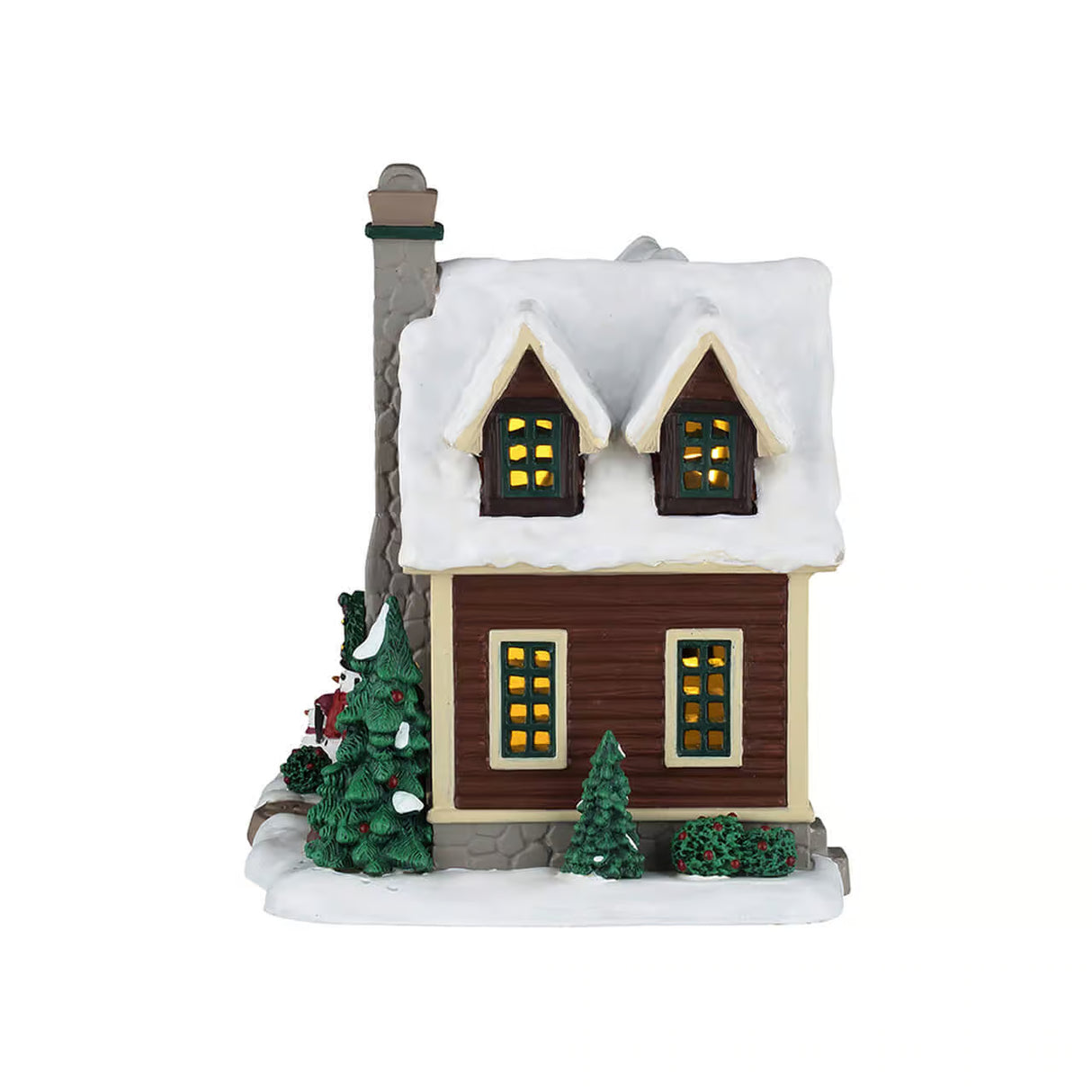 Lemax illuminated Cozy Forest Cabin from Christmas village, cozy cabin with lights and festive winter scene.