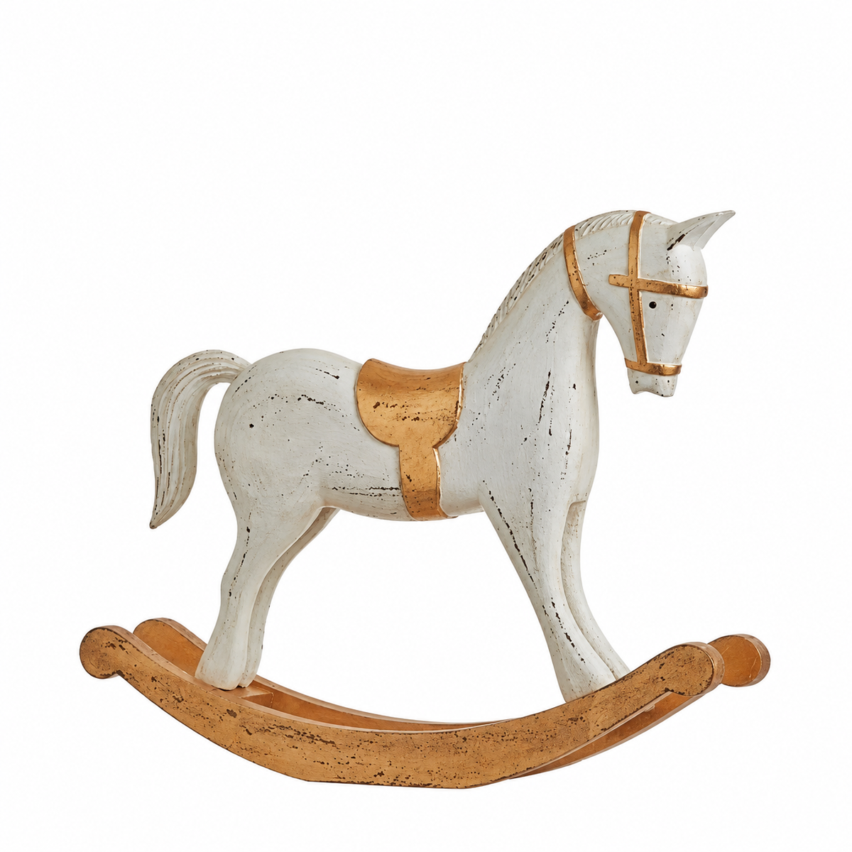 Distressed White Wooden Rocking Horse Ornament (30 cm) – Rustic Vintage Christmas & Nursery Decorative Figurine