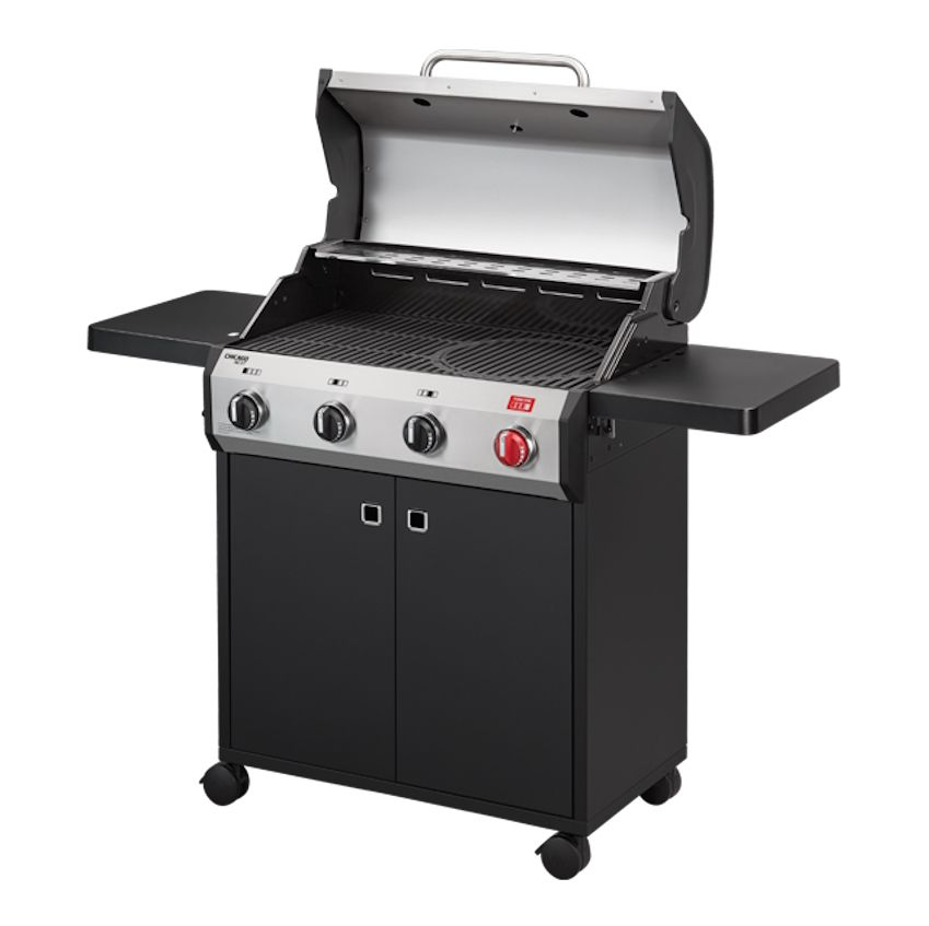 Enders Chicago Next 4 R Turbo BBQ grill with four burners and stainless steel surface, ideal for outdoor cooking and grilling.