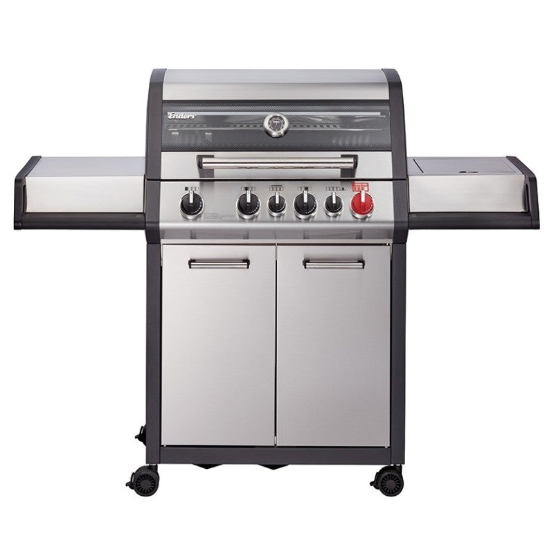 Enders Monroe Pro 4 SIK Turbo BBQ grill with black lid and side shelves, ideal for outdoor cooking and grilling.