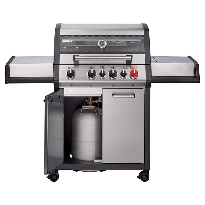 Enders Monroe Pro 4 SIK Turbo BBQ with free cover, stainless steel grill surface, multiple burners, and control knobs.