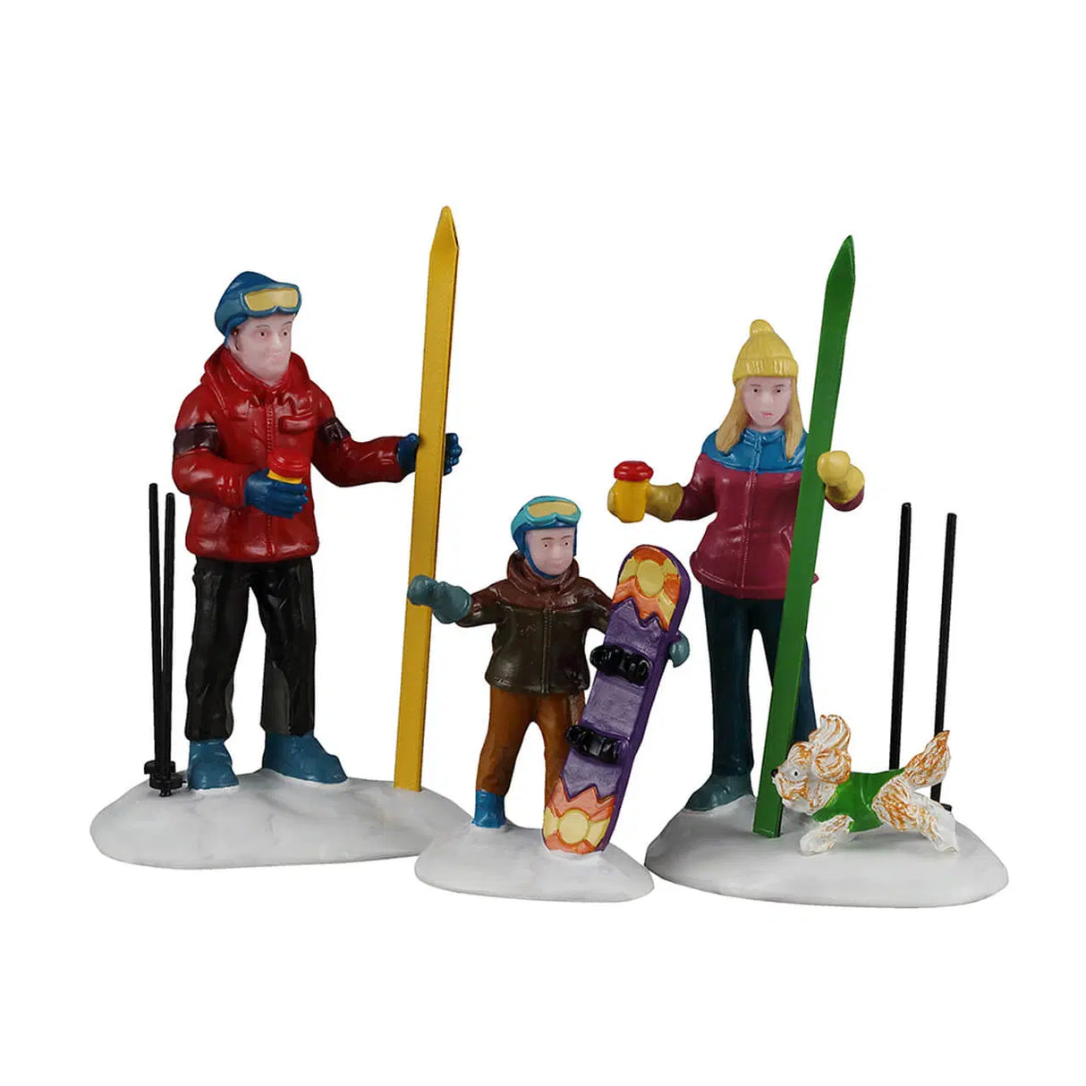 Set of three Lemax Family Ski Day Christmas village figurines featuring a family with skis and winter attire.