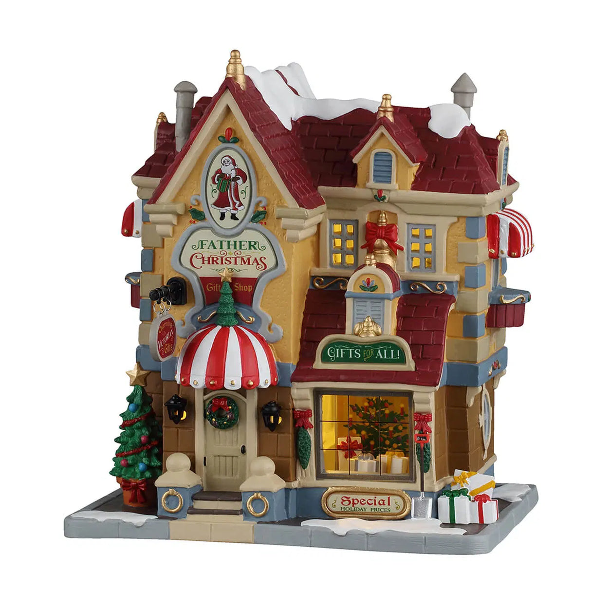 Lemax Father Christmas Gift Shop illuminated building from the Christmas Village collection, featuring festive holiday details.