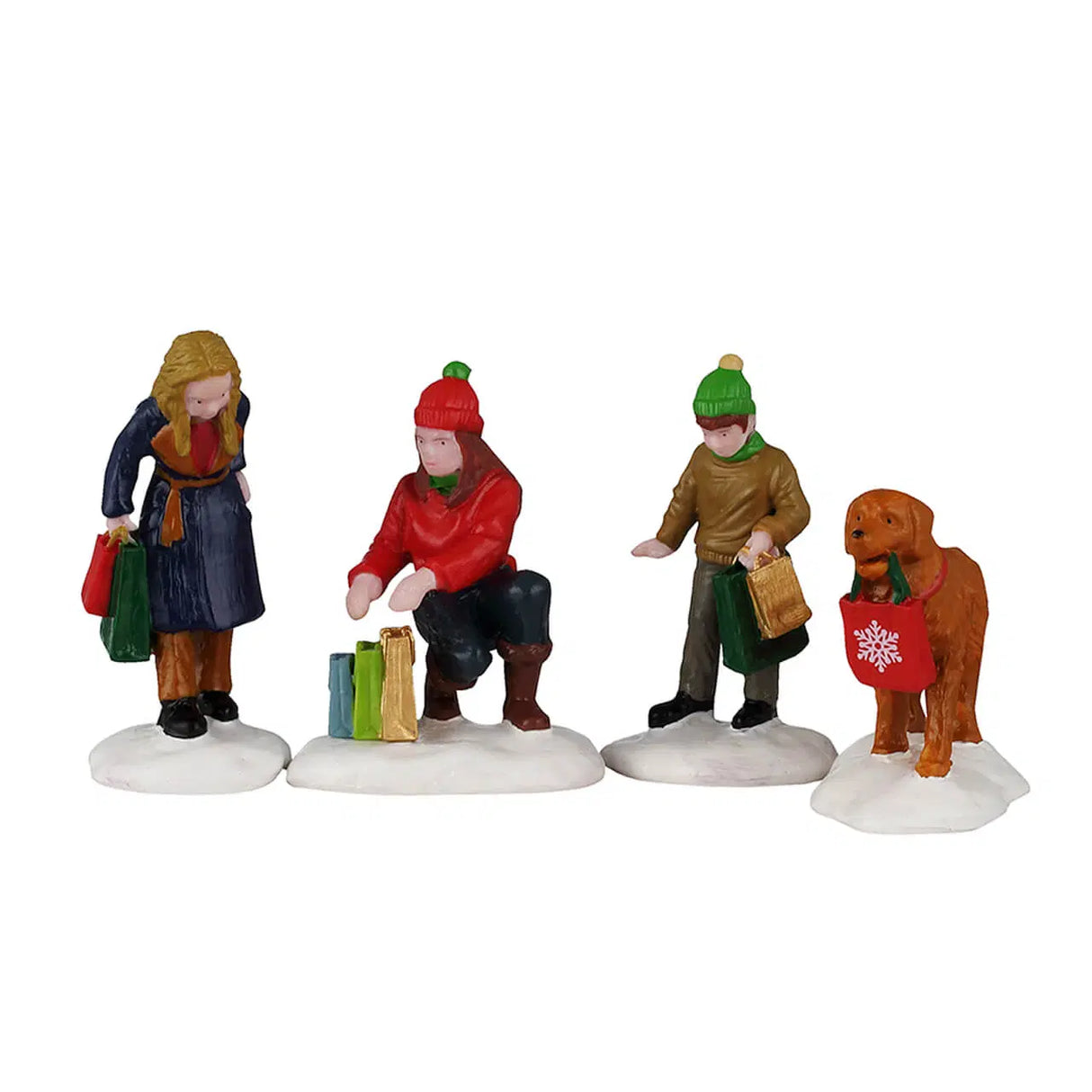 Set of four Lemax Christmas village figurines depicting festive holiday shoppers in colorful winter attire.