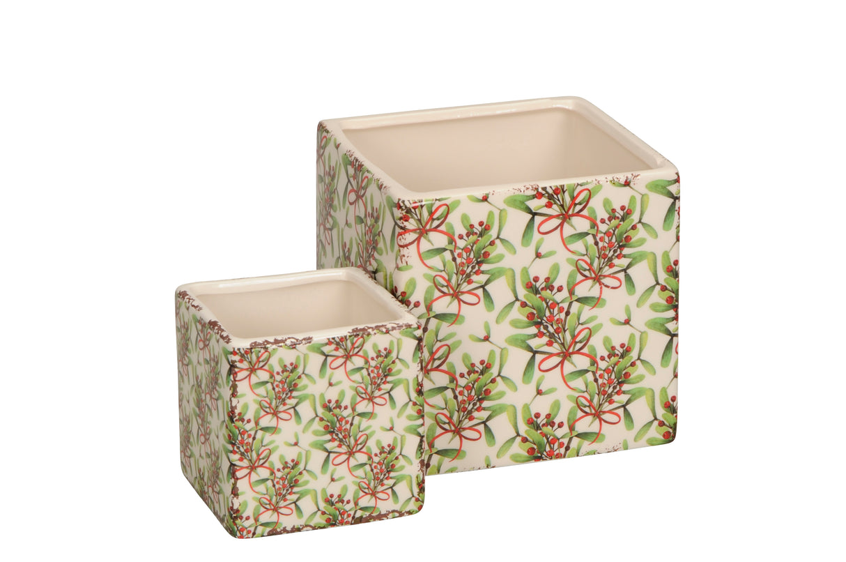 12cm Large Red and Green Ceramic Mistletoe Square Flower Pot - Mill Race Garden Centre