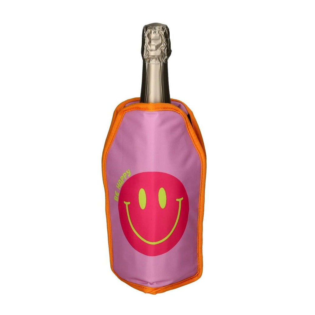 Gift Company Froid Cooling Sleeve with Be Happy design, fits wine bottles and keeps drinks cool with colorful, fun artwork.