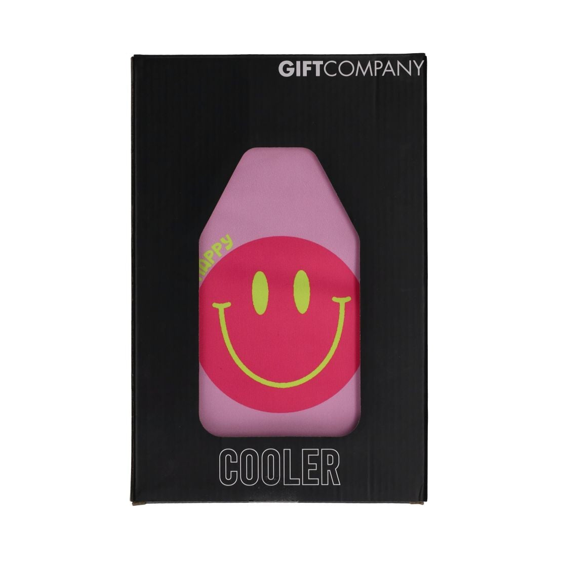 Gift Company Froid Cooling Sleeve with Be Happy design, pink wine bottle cooler made of insulating material.