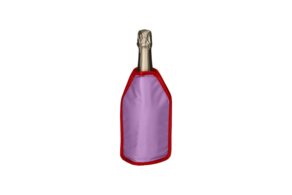 Gift Company Froid Cooling Sleeve with "Cheers" lips design in purple, fits wine bottles to keep drinks cold and stylish.