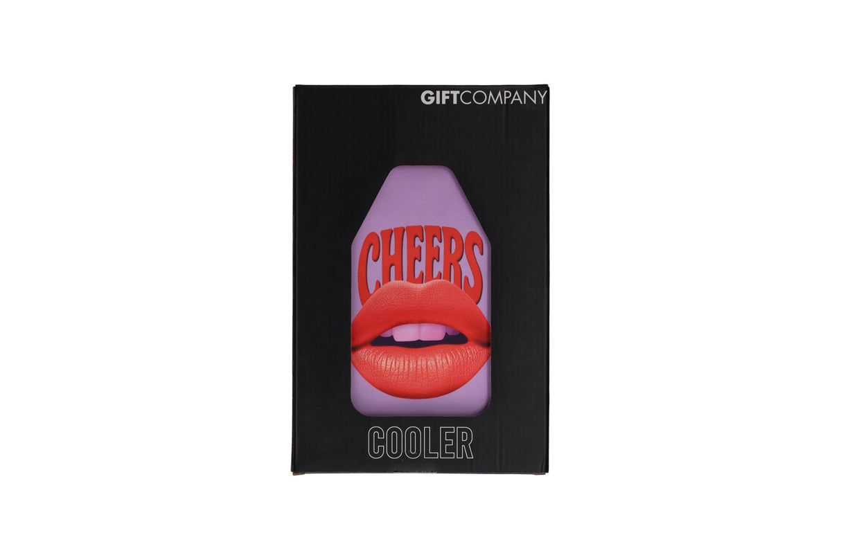 Gift Company Froid Cooling Sleeve with "Cheers" lips design in purple, fits wine bottles to keep drinks cool.