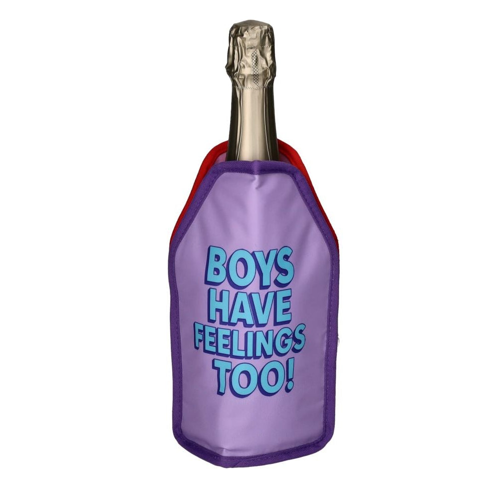 GiftCompany Froid Cooling Sleeve with double-sided slogan design, pink and purple wine bottle cooler for keeping drinks chilled.