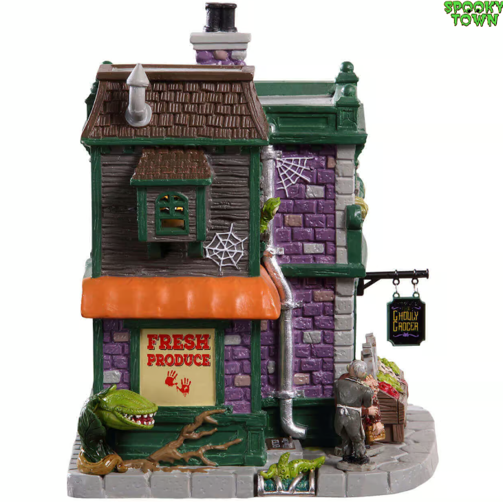 Lemax Spooky Town Ghouly Grocer building with spooky Halloween decorations and eerie storefront details.