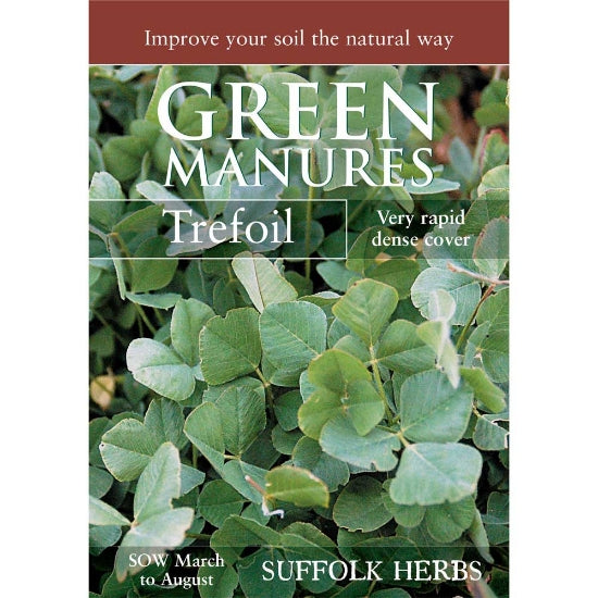 E.W. King & Co. Ltd. Suffolk Herbs Green Manures Trefoil pack for 35 sq.m, showing fresh green trefoil seed mix for soil enrichment