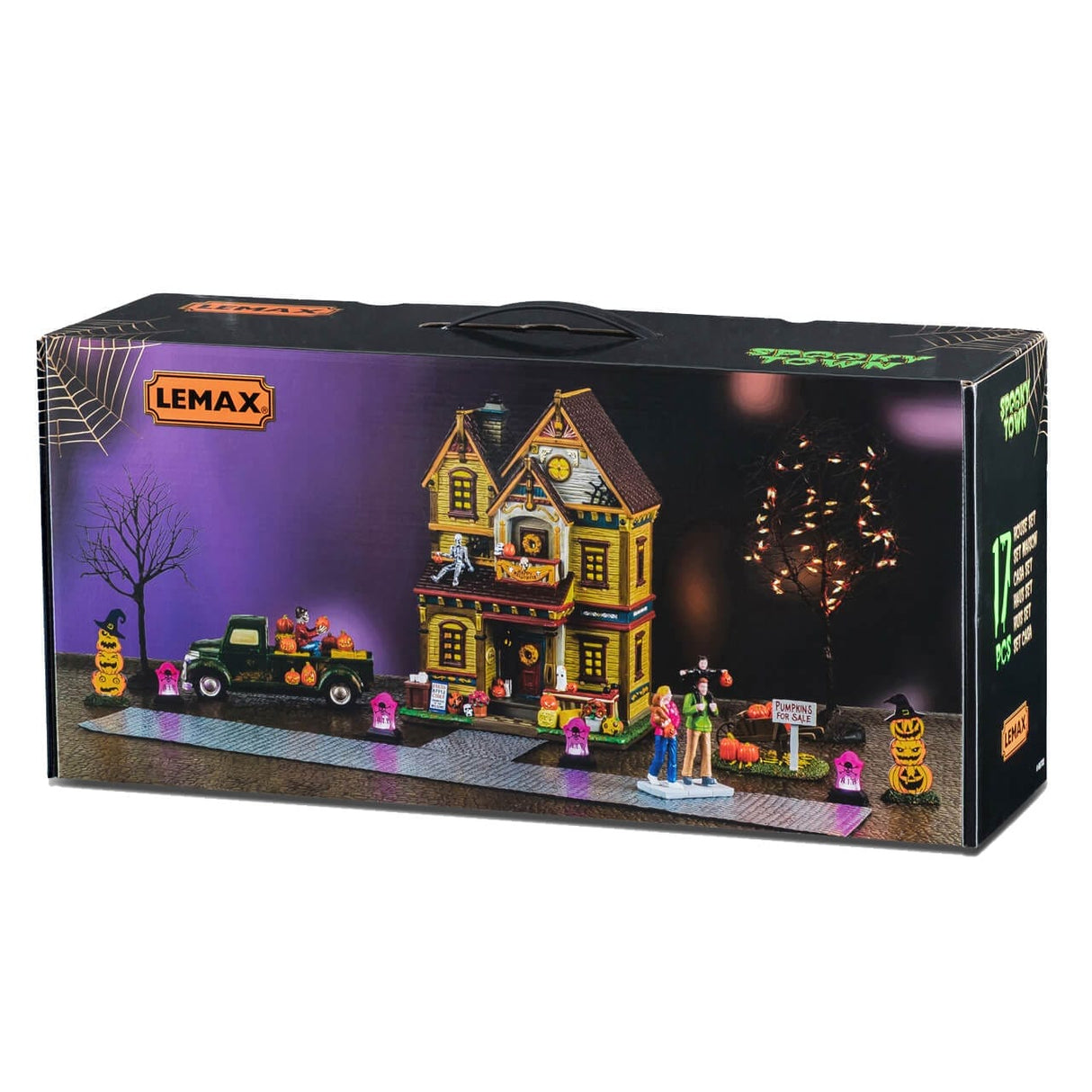 Lemax Spooky Town Halloween At The Wilsons illuminated buildings set with spooky house and Halloween decorations.