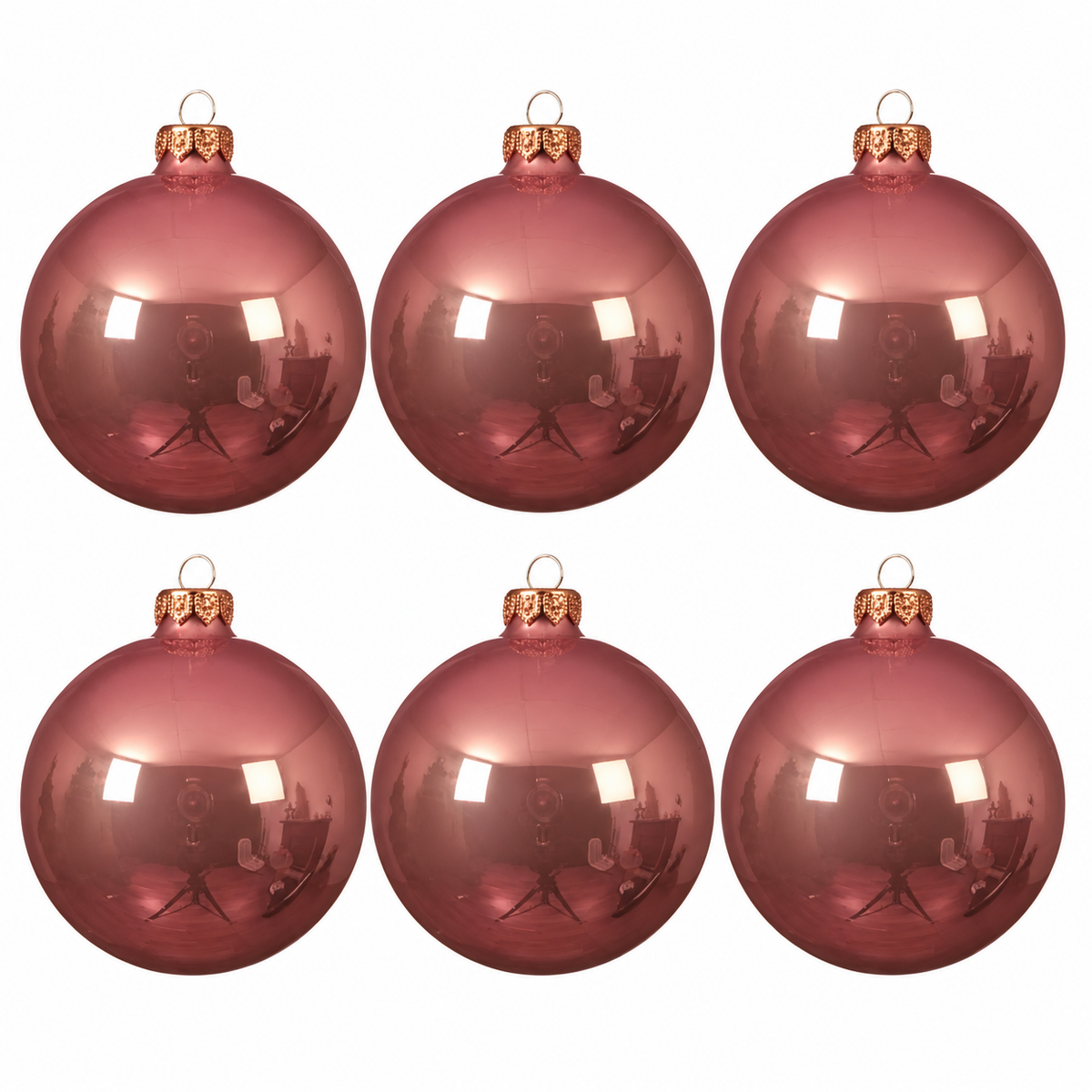 Kaemingk pink velvet enamel mouthblown glass Christmas baubles, 6cm, pack of 6 with gold caps, pastel tree decorations.
