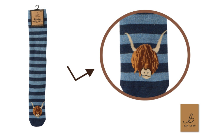 Funky Ladies Welly Socks - Highland Cow Head, Stripe by Bartleby - Mill Race Garden Centre