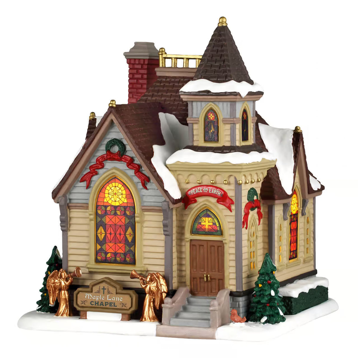 Lemax Maple Lane Chapel illuminated Christmas village building with detailed architecture and festive lighting display.