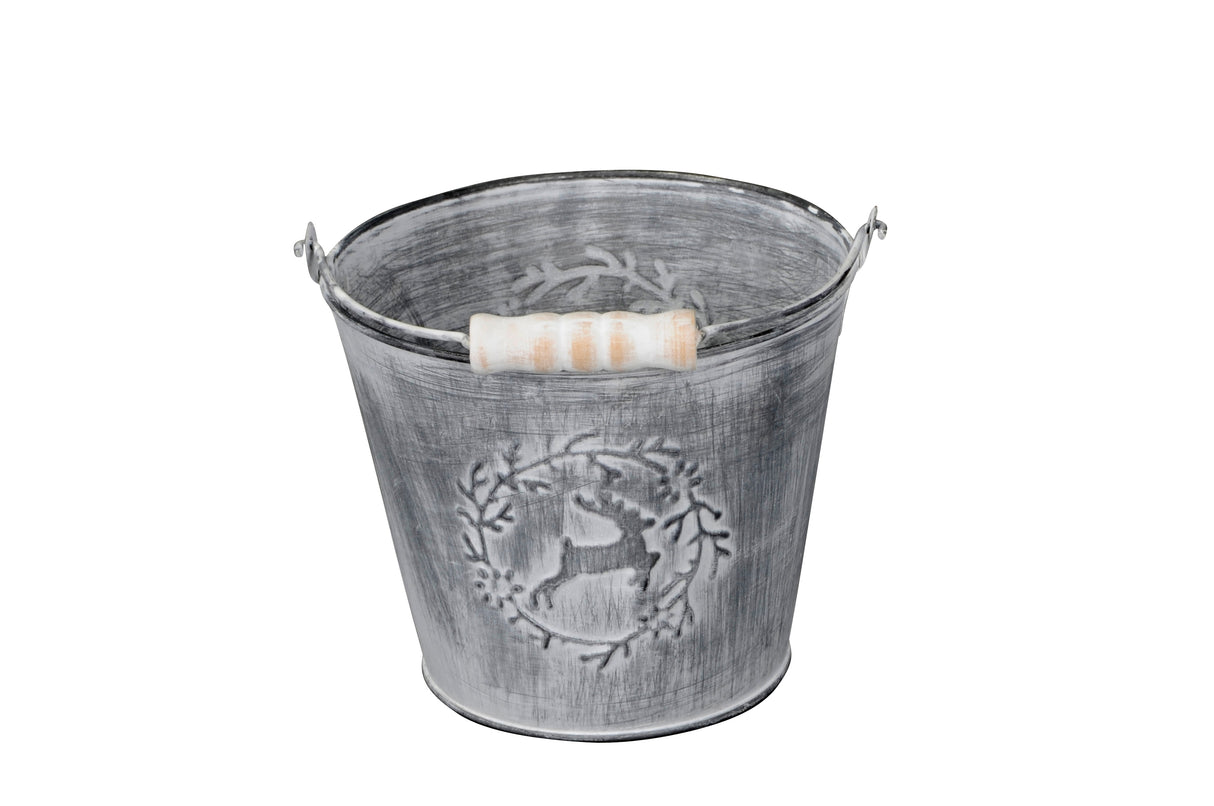 12.5cm Medium Grey with Deer Metal Bucket - Mill Race Garden Centre