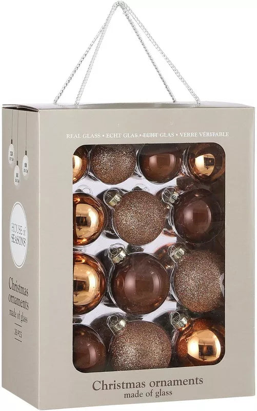 Mica Decorations Brown Glass Christmas Baubles Set (Pack of 26, Assorted 5 cm, 6 cm & 7 cm) – Glossy & Glitter Multi-Size Glass Ornaments