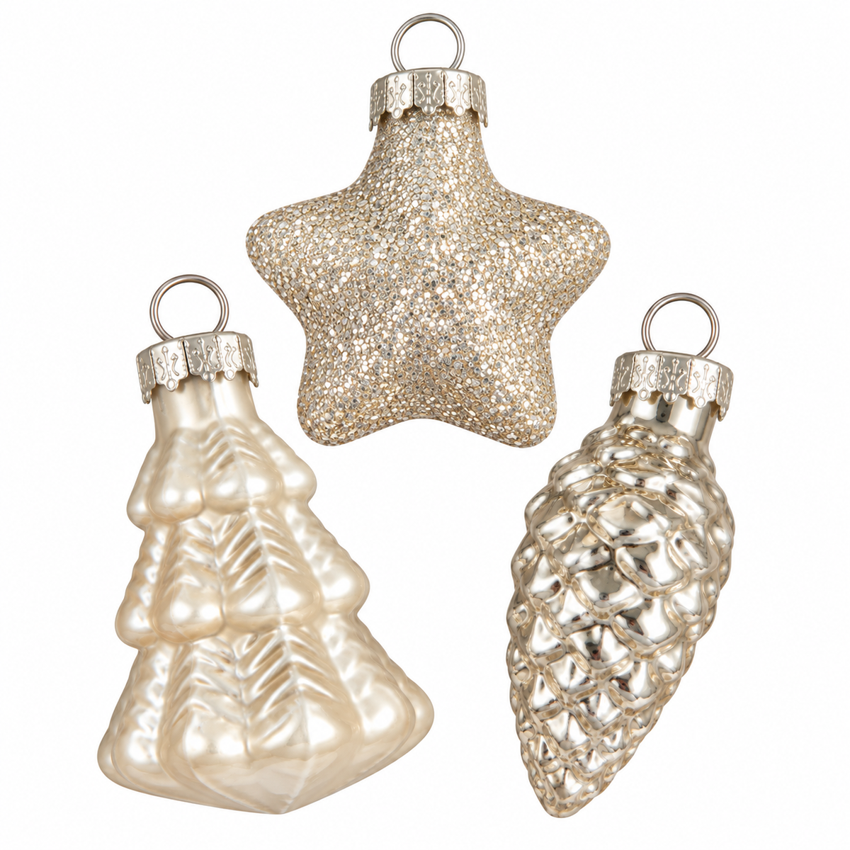 Set of 14 cream glass Christmas ornaments by Edelman, elegant baubles with mica decorations, H6.5 × D9 cm, festive holiday decor