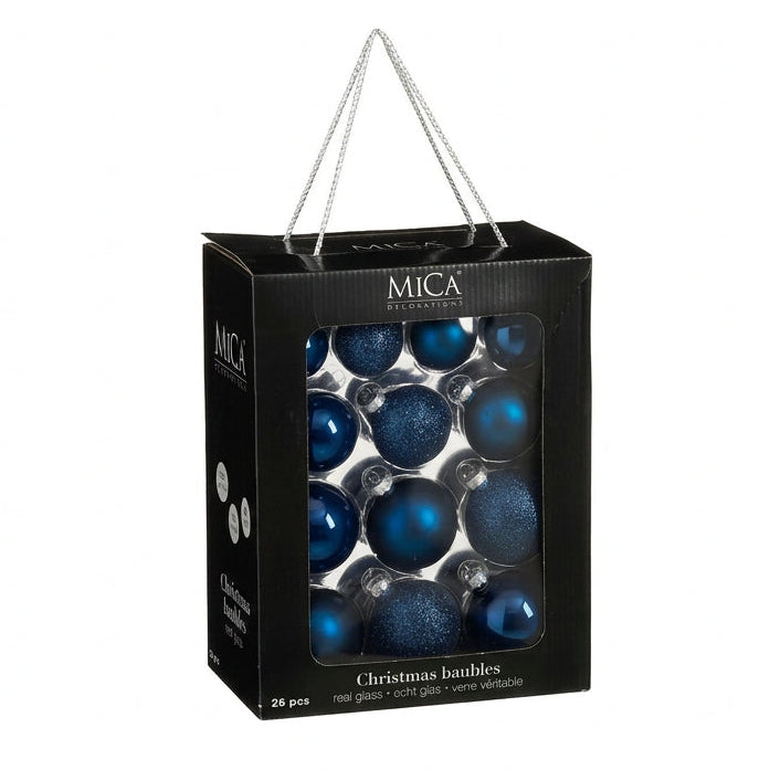 Mica Decorations Dark Blue Glass Christmas Baubles Set (Pack of 26, 7 cm) – Deep Navy Glass Ornaments