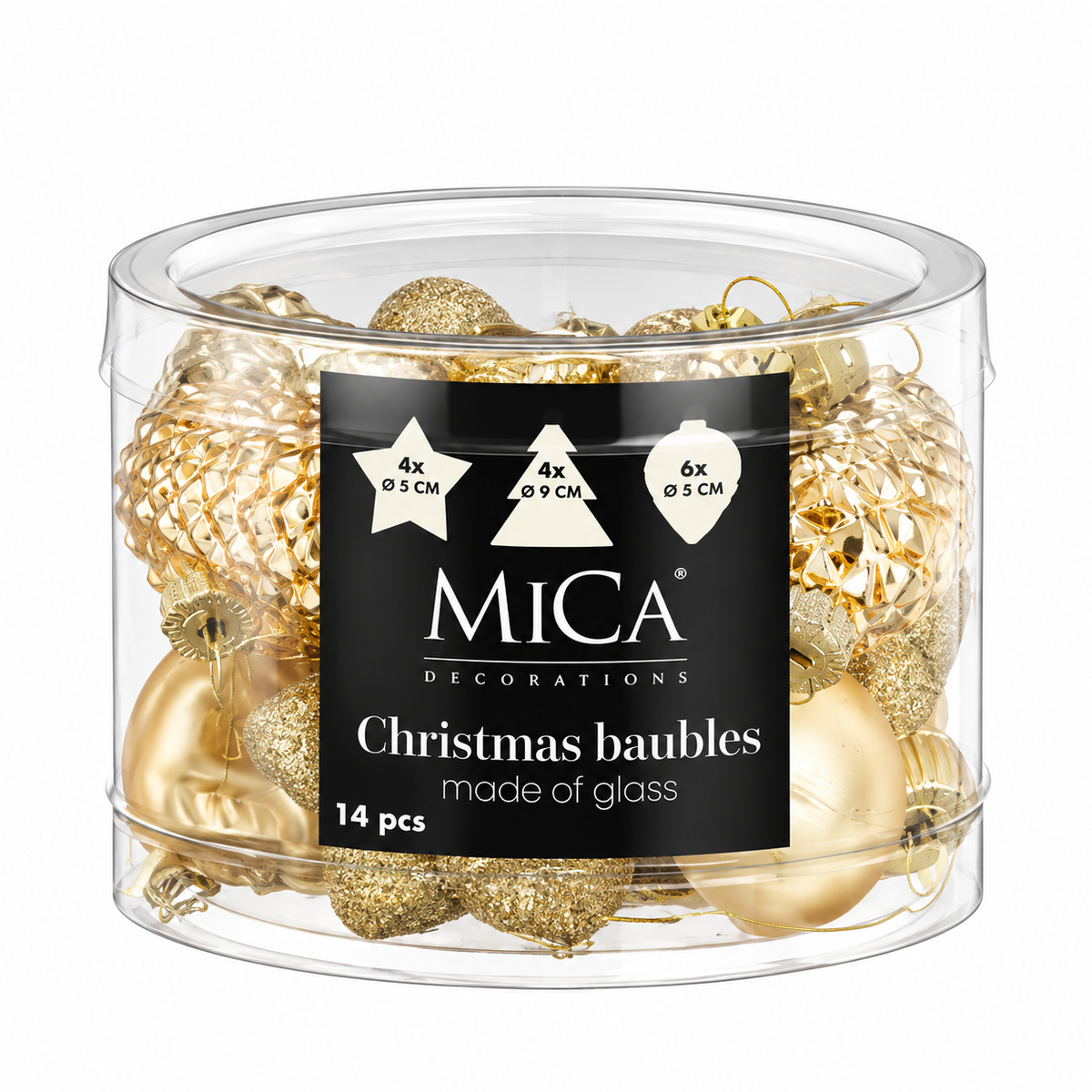 Mica Decorations Gold Glass Christmas Tree Ornaments (Pack of 14) – Boxed Matte, Glossy & Glitter Textured Glass Set