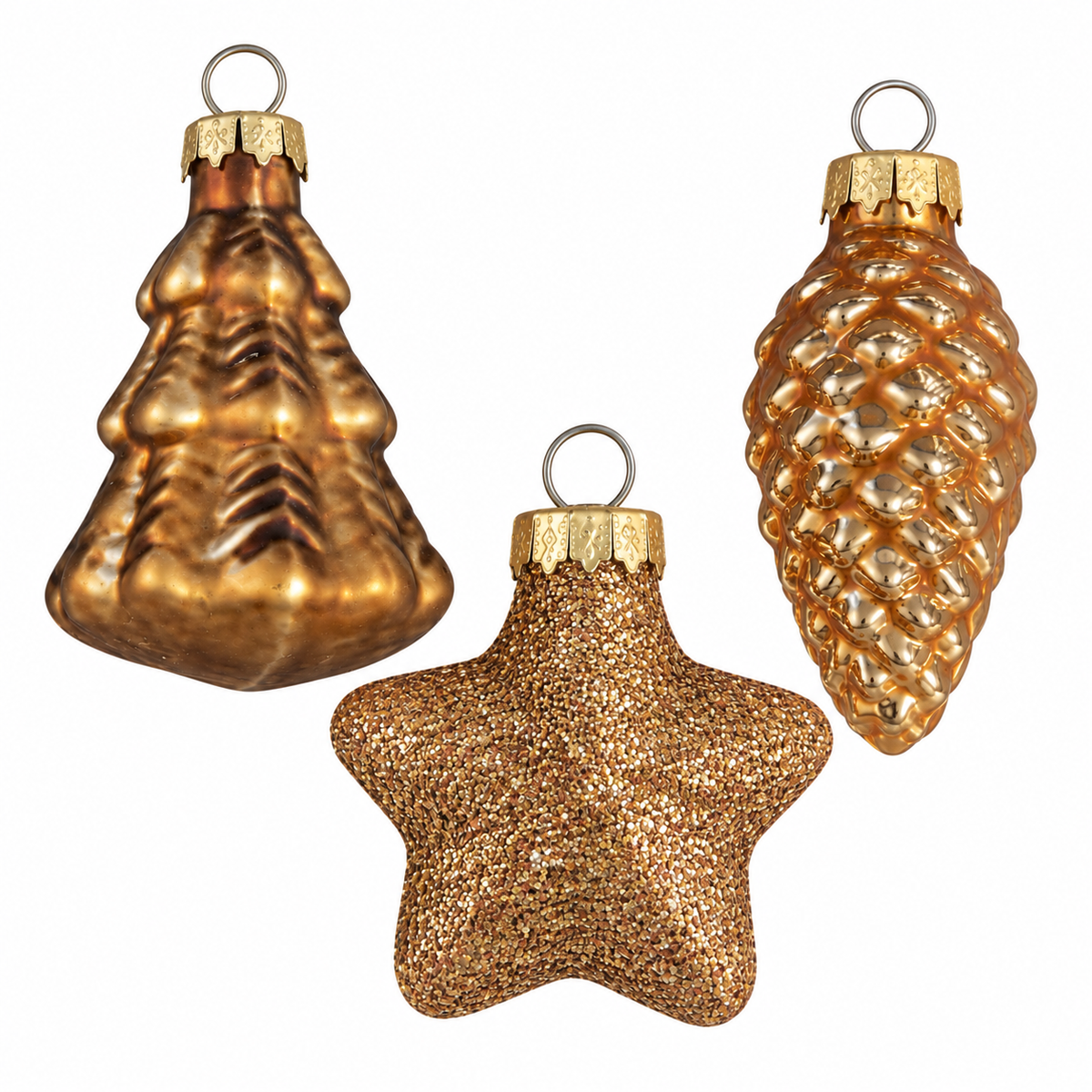 Set of 14 warm amber-brown glass Christmas ornaments with mica decorations, featuring H6.5 × D9 cm baubles by Edelman.