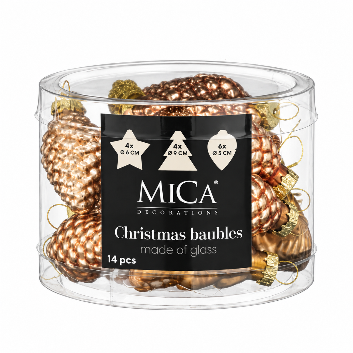 Mica Decorations Light Brown Glass Pine Cone Christmas Ornaments (Pack of 14, H6.5 × D9 cm) – Warm Amber-Brown Glass Pinecone Bauble Set