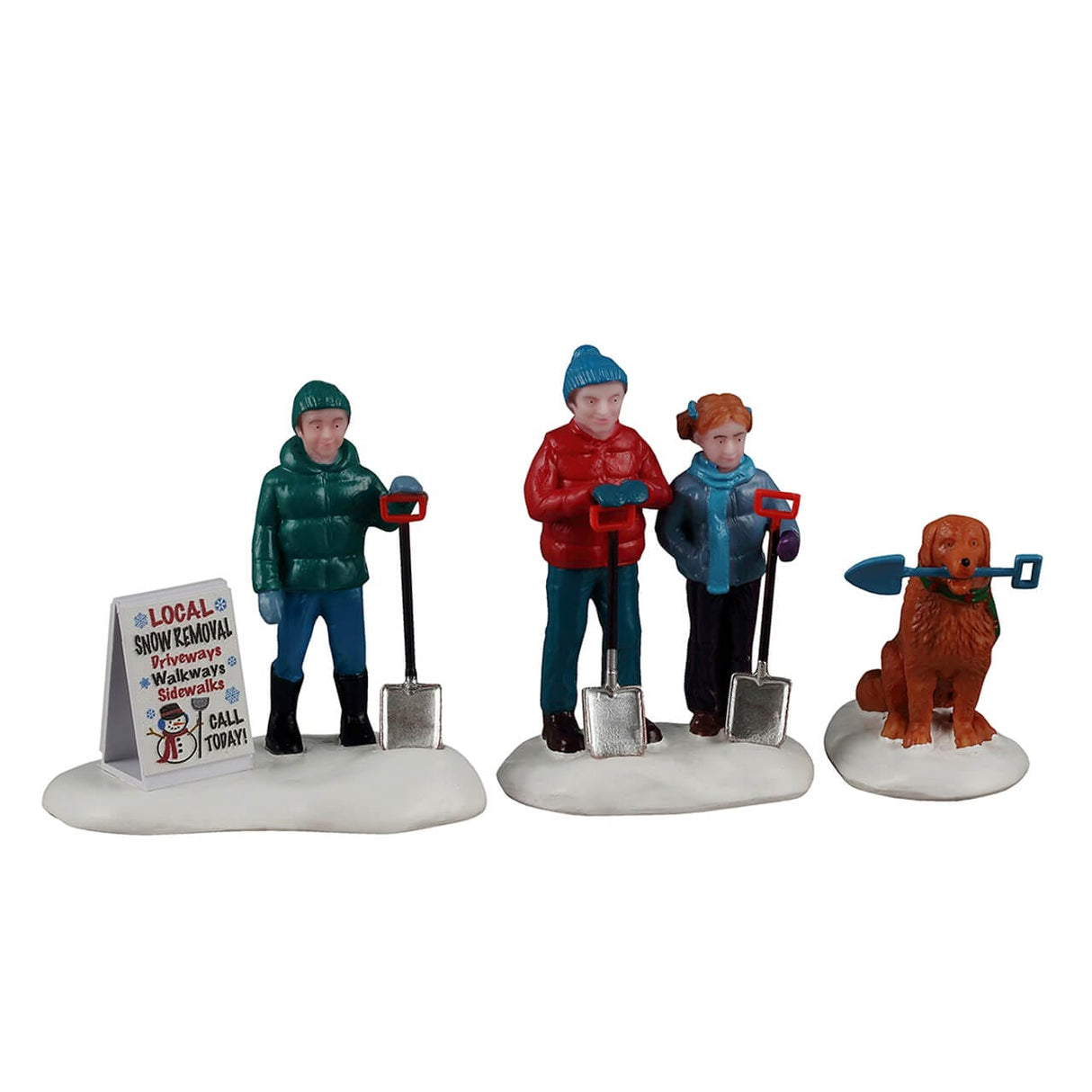Lemax Neighbourhood Snow Shovelers Christmas Village figurines set of 3, detailed winter scene with figures shoveling snow.