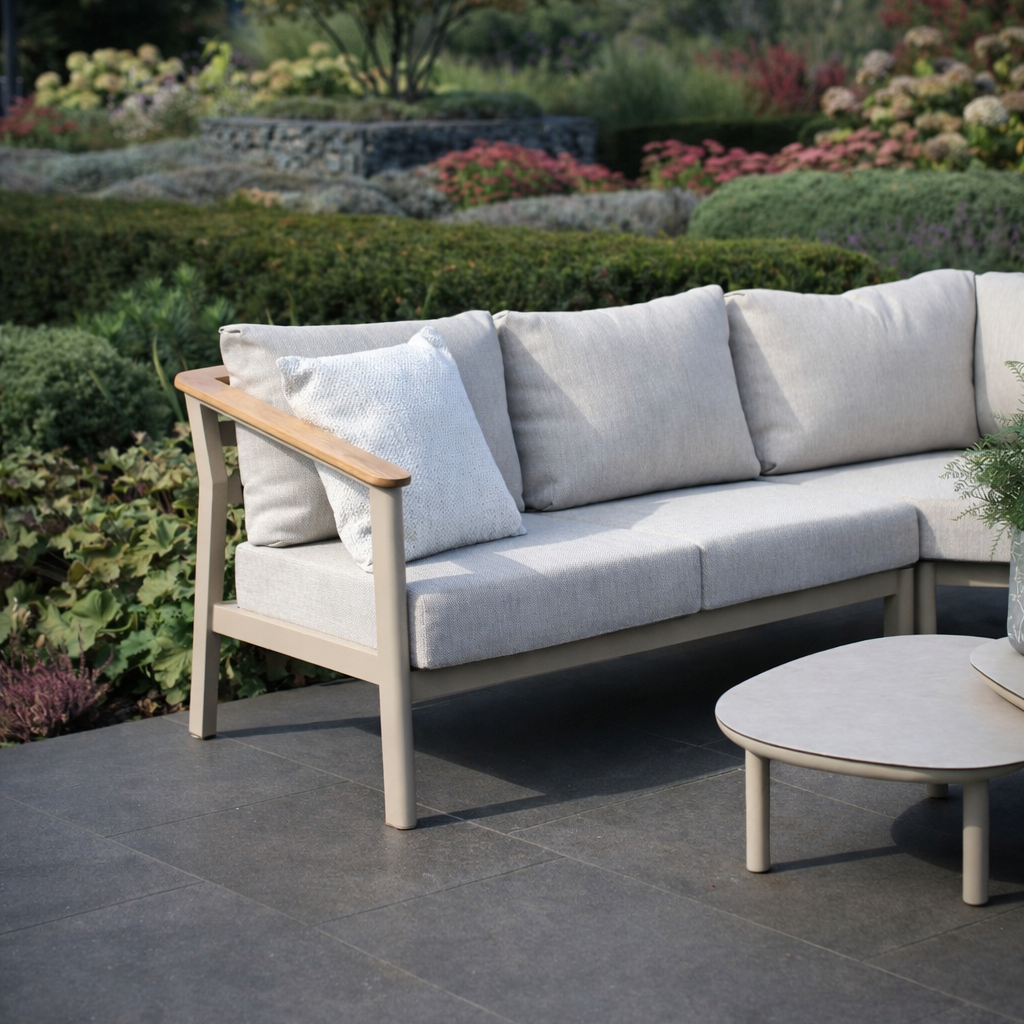 Close-up of the 4 Seasons Outdoor Olivia modular lounge with metal frame and Monroe coffee tables, showcasing stylish outdoor furniture details.