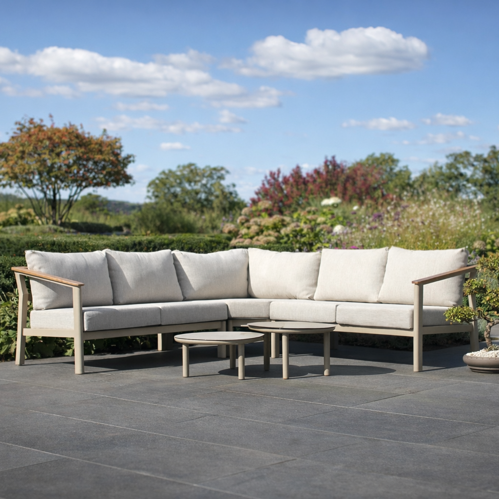 4 Seasons Outdoor Olivia modular lounge set with metal frame and Monroe coffee tables, featuring outdoor cushions and contemporary design.