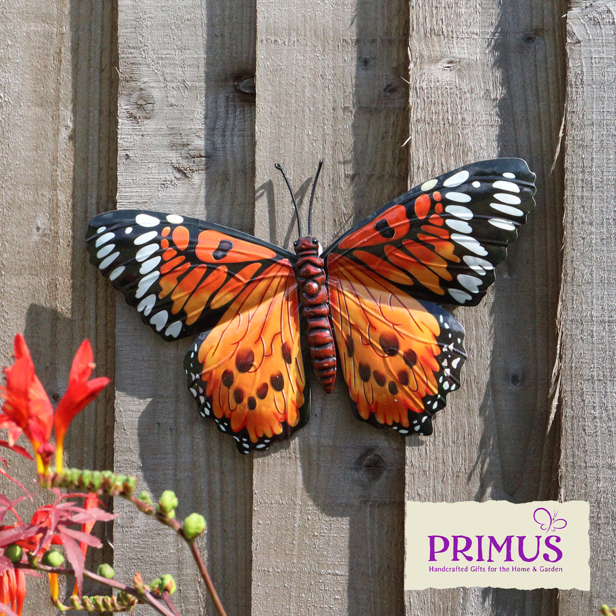 Medium Metal Orange Butterfly Wall Art – Elegant Garden Decor by Primus - Mill Race Garden Centre